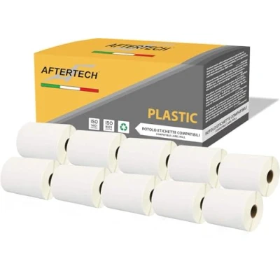Imagen de AFTERTECH 10 rollos de etiquetas plásticas impermeables adhesivas compatibles (220 etiquetas/rollo = 2200 totales) para etiquetadoras impresoras Dymo LabelWriter 10x4XLPLA