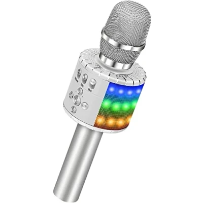 Imagen de BONAOK Micrófono Niños, Karaoke con Bluetooth, de Portátil 3 en 1 Luces, Máquina para Fiesta Cumpleaños Android (Plateado)