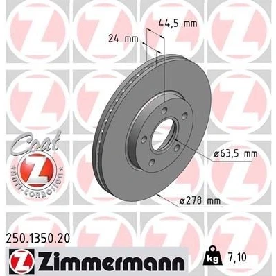 Imagen de ZIMMERMANN COAT Z 250.1350.20 Disco de freno 278 24 5/5 5 108 ventilación interna revestido FORD: Tourneo Connect, Transit Connect Mk1 Furgón
