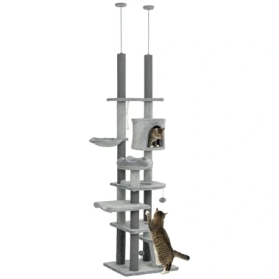 Imagen de PawHut Árbol para Gatos de Suelo a Techo 225 255 cm Rascador con Altura Ajustable Plataformas Cueva Cama Hamaca Rampa Bolas Juguetes Gris