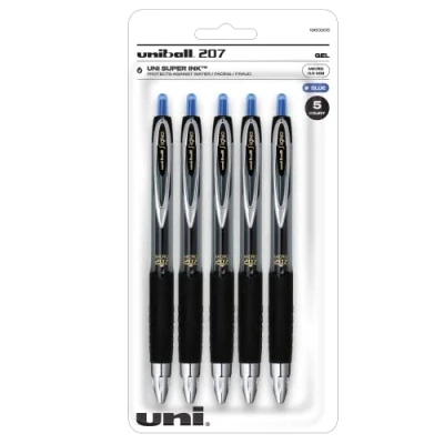 Imagen de uni ball 207 bolígrafos retráctiles de gel, micro punta (0,5 mm), azul, 5 unidades