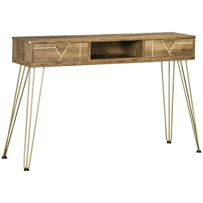 Imagen de HOMCOM Mesa Consola Mueble Recibidor de Entrada con 2 Cajones Estante Abierto y Patas Acero para Salón Pasillo Estilo Moderno 120x29x79 cm Bronce