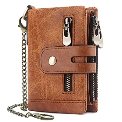Imagen de Cartera de Cuero con RFID Bloqueo Billetera Piel y Monedero Cremallera, Billeteras Bifold 16 Ranuras para Tarjetas Carteras Hombre Cadena (Marrón Claro)