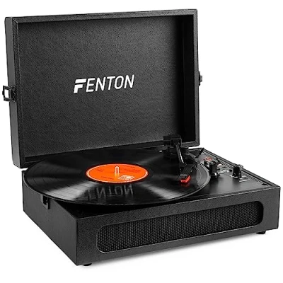 Imagen de Fenton RP118b Tocadiscos Maleta Vintage 3 velocidades Maletin Giradiscos Vinilo con Altavoz Estereo, Salida USB/Auriculares Jack/Conversor MP3 / de Bluetooth. Negro