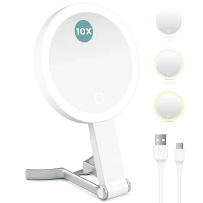 Imagen de Coovee Espejo Maquillaje con Luz, 3 Colores de Brillo Ajustable 56 LED, Plegable Portátil Aumento Luz 1X/10X, Espelho Maquilhagem Mesa, Colgante, Control Táctil