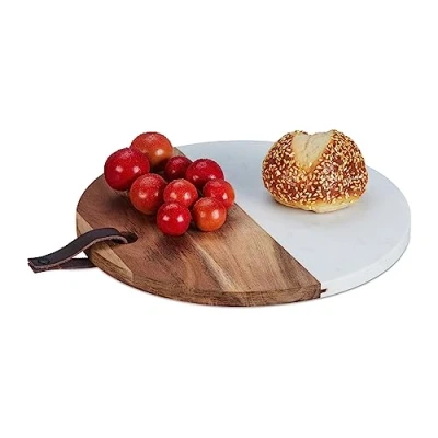 Imagen de Relaxdays Tabla Cortar Redonda, Madera y Mármol, Tablero Picar Carnes o Verduras, 1,5x25 cm, Colgante, Natural Blanco