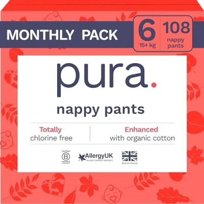 Imagen de Pura Eco Nappy Pants Size 6 (15kg+), x 18 Nappies (108 Total), Pull Up Disposable Baby for Sensitive &amp; Allergy Prone Skin, Hypoallergenic, Fragrance Free, Easy Tear Side, New Guide