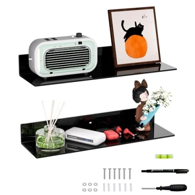 Imagen de Sezanrpt estantería acrílica negra para pared de 50 cm, montada en la pared, plexiglás, decoración muñecas, cosméticos, perfumes, libros, tarros especias, 2 unidades