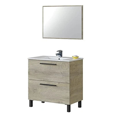 Imagen de Habitdesign Mueble de Baño con 2 Cajones y Espejo, Modulo Lavabo, Modelo Athena, Acabado en Roble Alaska, Medidas: 80 cm (Ancho) x (Alto) 45 (Fondo)