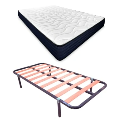 Imagen de mattfy Cama Completa con Colchón Kloe Reversible + Somier de Láminas Basic 4 Patas Abrazadera, 105 x 190