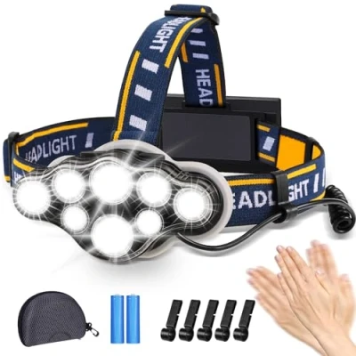 Imagen de E Hyted Linterna Frontal LED Recargable, Alta Potencia Cabeza con 8 Modos, 18000 Lúmenes, de Luz Advertencia Roja Impermeable IPX4 Para Camping Pesca