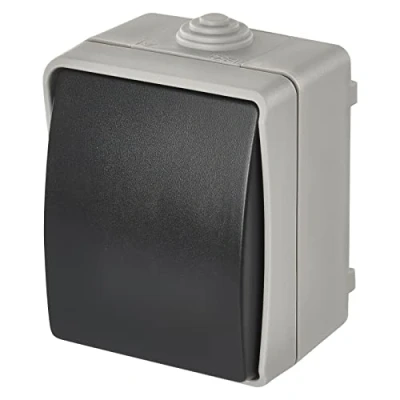 Imagen de EMOS Interruptor de timbre impermeable con balancín, color gris y negro, 250 V /10 AX, plástico, montaje en pared, clase protección IP54 para exterior