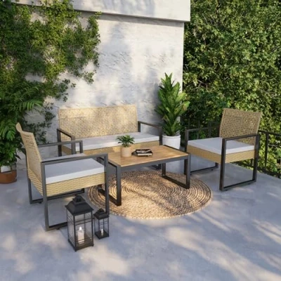 Imagen de casa.pro Muebles de Terraza 4 Piezas 1 Mesa Rectangular Sofá Plazas 2 Sillas con Reposabrazos y Cojines Conjunto Jardin Exterior Acero/Madera/Ratán Natural Negro