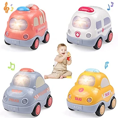 Imagen de WolinTek 4Pack Coches De Juguete con Luces y Sonidos para niños,uguetes Coche accionados por fricción inercia,Camiones Regalos bebés,Early Educational Vehicles