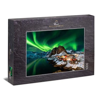 Imagen de Ulmer Puzzleschmiede Puzzle Aurora Boreal de 1000 Piezas La sobre el Pueblo pesquero Hamnoy, Lofoten, Noruega