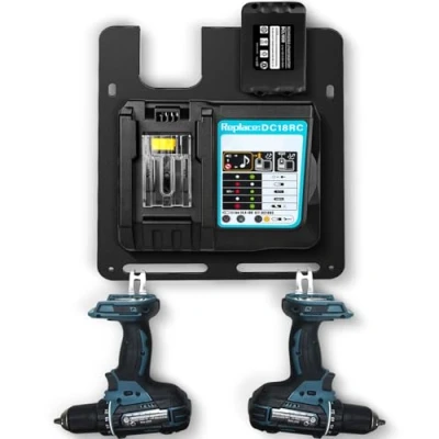 Imagen de JYiuog soporte de pared para baterías y cargadores Makita, acero resistente, 2 soportes cargadores, pared, apto taller garaje