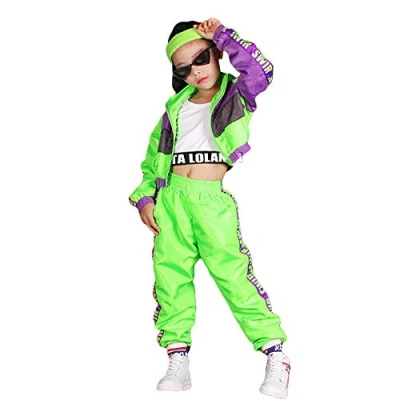 Imagen de LOLANTA Conjunto de 3 Piezas Ropa Hip Hop para niñas, chándal Retro los años 80, Camiseta sin Mangas Corta, Chaqueta con Cremallera y Pantalones Deportivos, Verde, 4 5 años, 110