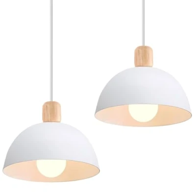 Imagen de iDEGU 2 Piezas Lámparas de Techo Moderna, 20CM LED Lámpara Colgante en Hierro y Madera Estilo Escandinavo Iluminación E27 Retro Luz Interior para Dormitorio Comedor Sala Estar (# Blanco)