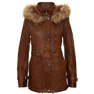 Imagen de Infinity Leather Abrigo para Damas de Cuero Marrón Claro con Capucha Desmontable 2XL