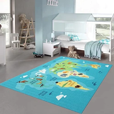 Imagen de Teppich Traum Alfombra Infantil “Mapa del Mundo Juego Aprendizaje Continentes &amp; Animales Azul, 140x200 cm