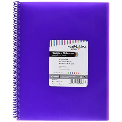 Imagen de Grafoplás Carpeta con 30 Fundas Transparentes A4 Color Violeta Espiral PVC Tapas Polipropileno Gomas de Cierre Maxiplás Multiline