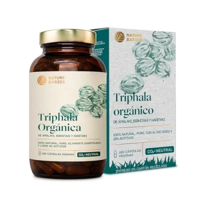 Imagen de Nature Basics® BIO Triphala cápsulas certificadas y sostenibles en un frasco natural ayurvédico de alta dosificación con 1.500 mg por dosis diaria 180