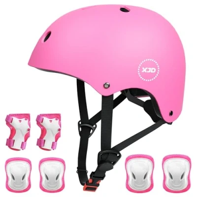 Imagen de XJD Casco de Ciclismo para Niños y Protecciónes Infantiles Incluye Rodilleras, Coderas Muñequeras con Certificación CE,Adjustables 7 Piezas Patínes Patinete 3 a 8 Años(Rosa S)
