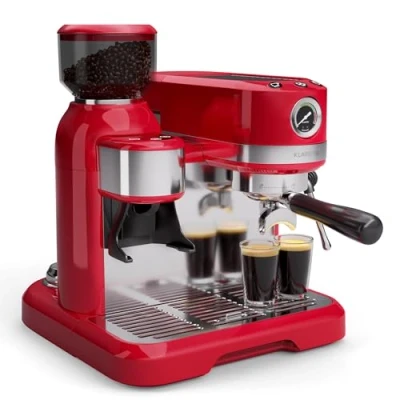 Imagen de Klarstein Bella Café Cafetera Espresso 19 Bares, 1550W, Molinillo Integrado, Espumador de Leche, 1,4L, 2 Tazas, Thermo Block, Diseño Retro