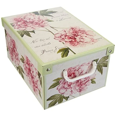 Imagen de Kanguru Caja organizadora de almacenamiento ropa, para almacenaje decorativa en carton, 25x35x17,5 cm, armario, baul, zapatos, calcetines, juguetes, regalo, con tapa, PEONIAS
