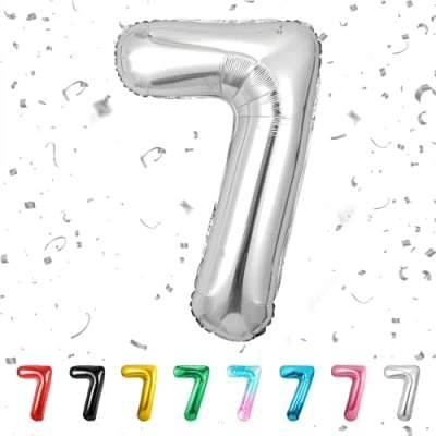 Imagen de Globo de cumpleaños con números 7 años XXL Plata lámina en 40 pulgadas 101 cm para decoración número cumpleaños…
