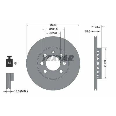 Imagen de TEXTAR PRO 92106403 Disco de freno AUDI: A2, VOLKSWAGEN: Lupo / 3L