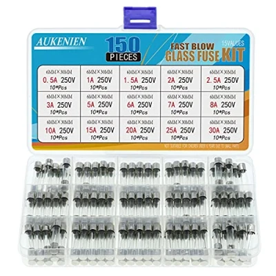 Imagen de AUKENIEN 15 Valores 150 Piezas 6X30MM 250V Fusibles Cristal 0,5A 1A 1,5A 2A 2,5A 3A 5A 6A 7A 8A 10A 15A 20A 25A 30A de Tubo Vidrio Fusión Rápida Surtido Soplo Soplado Rápido Kit Fusible