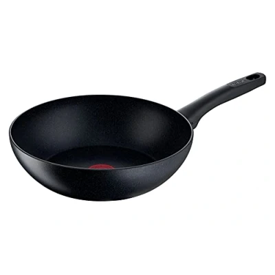 Imagen de Tefal G28119 Black Stone Sartén wok (28 cm, revestimiento antiadherente, seguro, señal térmica, apta para inducción, cocina saludable, efecto piedra, aluminio, color negro