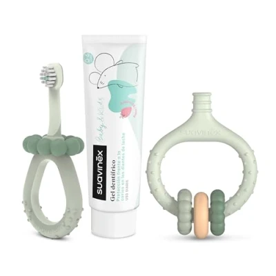 Imagen de Suavinex, Set Inicio Cuidado Dental, Incluye: Cepillo de Dientes para Bebés + Masajeador Encías Pasta Bebés, Regalar, Mangos Ergonómicos, Uso Diario, +0 Meses, Verde