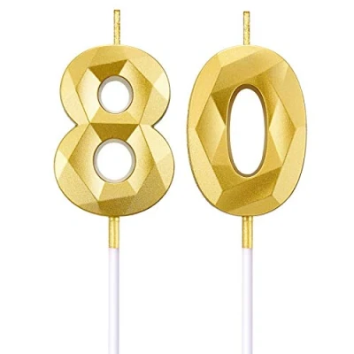 Imagen de Velas de Número Cumpleaños 80 Pastel en Forma Diamante 3D Topper Decoración Torta para Celebración Aniversario Bodas Cumpleaños, Oro