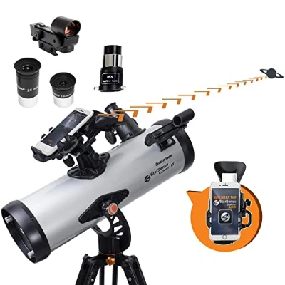 Imagen de Celestron 22452 StarSense Explore LT114AZ Telescopio Reflector newtoniano, tecnología Compatible con Aplicaciones Smartphone, 2 oculares, Lentes Barlow, Base teléfono y trípode Ajustable, Negro