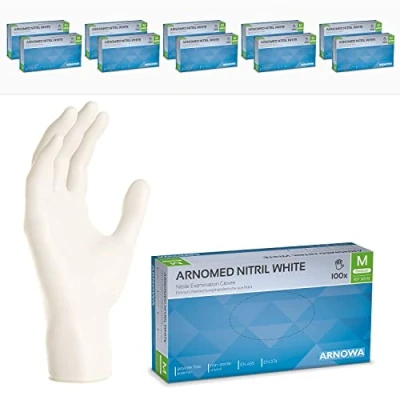 Imagen de ARNOMED guantes nitrilo talla M, de blancos, 10 cajas (1000 uds), desechables para mecanico, sin polvo y látex en XS, S, L, XL