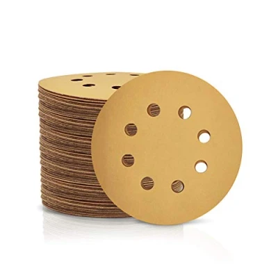 Imagen de SPEEDWOX 100 discos de lija 125 mm con 8 agujeros sin polvo gancho y papel para lijadora orbital al azar, Grano 500, acabado amarillo carpintería automotriz