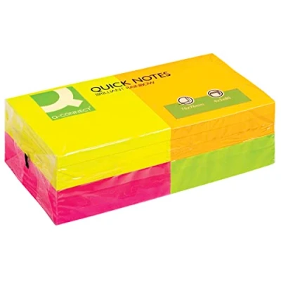 Imagen de Q Connect KF10508 Bloc De Notas Adhesivas Quita Y Pon 75X75 Mm Con 80 Hojas Fluorescentes Pack 12 Surtidas En 4 Colores