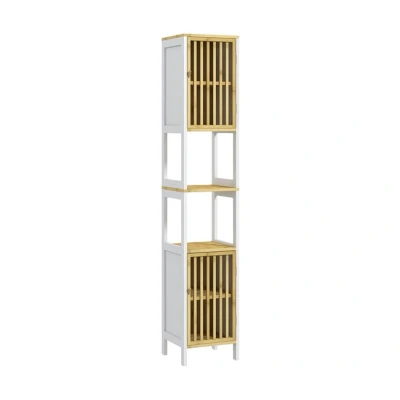 Imagen de HOMCOM Armario Alto de Baño Columna Mueble Auxiliar con 2 Compartimentos Abiertos Puertas Rejilla y Estantes Ajustables 32x30x172 cm Blanco