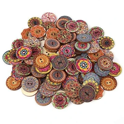 Imagen de 100 Piezas 25 mm 2 Agujeros Botones de Madera Ronda, Patrones Mixtos costura hechos a mano Mandala impresión para Bricolaje decoración Artesanal accesorios