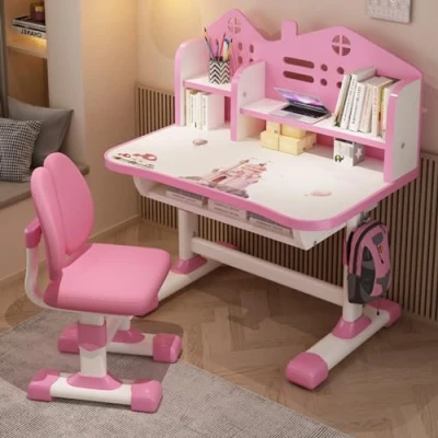 Imagen de Juego de escritorio y silla para niños, altura ajustable, espacio dorado evitar la miopía, infantil con cajón espacioso niños niñas