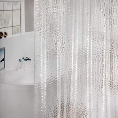 Imagen de WELTRXE Cortina de Ducha Antimoho 180 x 200 cm EVA Impermeable con 12 Anillas y Fondo Peso Magnético, Baño Semitransparente 0,15 mm, Patrón Cubo Agua, para Bañera