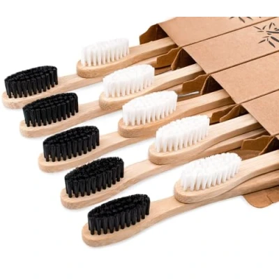 Imagen de Cepillos de dientes bambú para adultos, cerdas suaves, cepillo madera natural, biodegradable con mango orgánico el hogar y viajes, embalaje sin plástico (negro