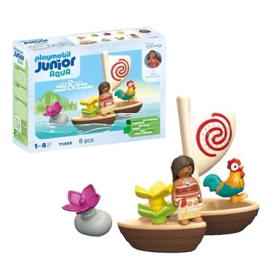 Imagen de PLAYMOBIL Junior &amp; Disney 71459 Catamarán de Vaiana, con Flores flotantes y un Gallo, Juguete sostenible Hecho plásticos a Base Plantas, Juguetes para niños niñas Partir 1 año