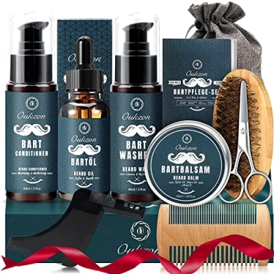 Imagen de Oukzon Kit Barba para Hombre, Cuidado Hombre Completo con Champú Barba, Acondicionador, Aceite Bálsamo, Peine, Cepillo, Tijera de Regalo Papa, Novio, Caballero