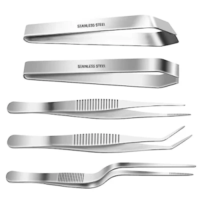 Imagen de SelfTek Pinzas de acero inoxidable 3 piezas 6.3 pulgadas, hueso planas e inclinadas 4.7 pulgadas para utensilios cocina Chef, puntas dentadas precisión