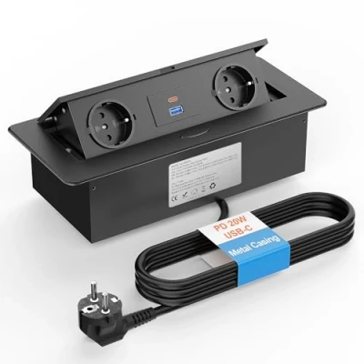 Imagen de Enchufe Retráctil con USB C, Ohuo Regleta 3 Enchufes Multienchufe Retráctil, Cable 1,8m, Aluminium, Negro