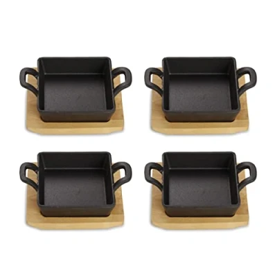 Imagen de ECHTWERK Fuente de hierro fundido, Cazuela cuadrada con tabla servir, Sartén pequeña para asar, Ya cocida, Apta hornos, parrillas, barbacoas e inducción, Ideal 4 piezas