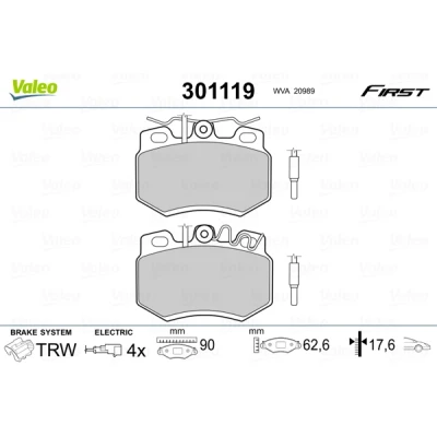 Imagen de VALEO 301119 Juego de pastillas freno FIRST Eje delantero con contacto avisador desgaste sin chapa antichirridos PEUGEOT: 205 II Hatchback